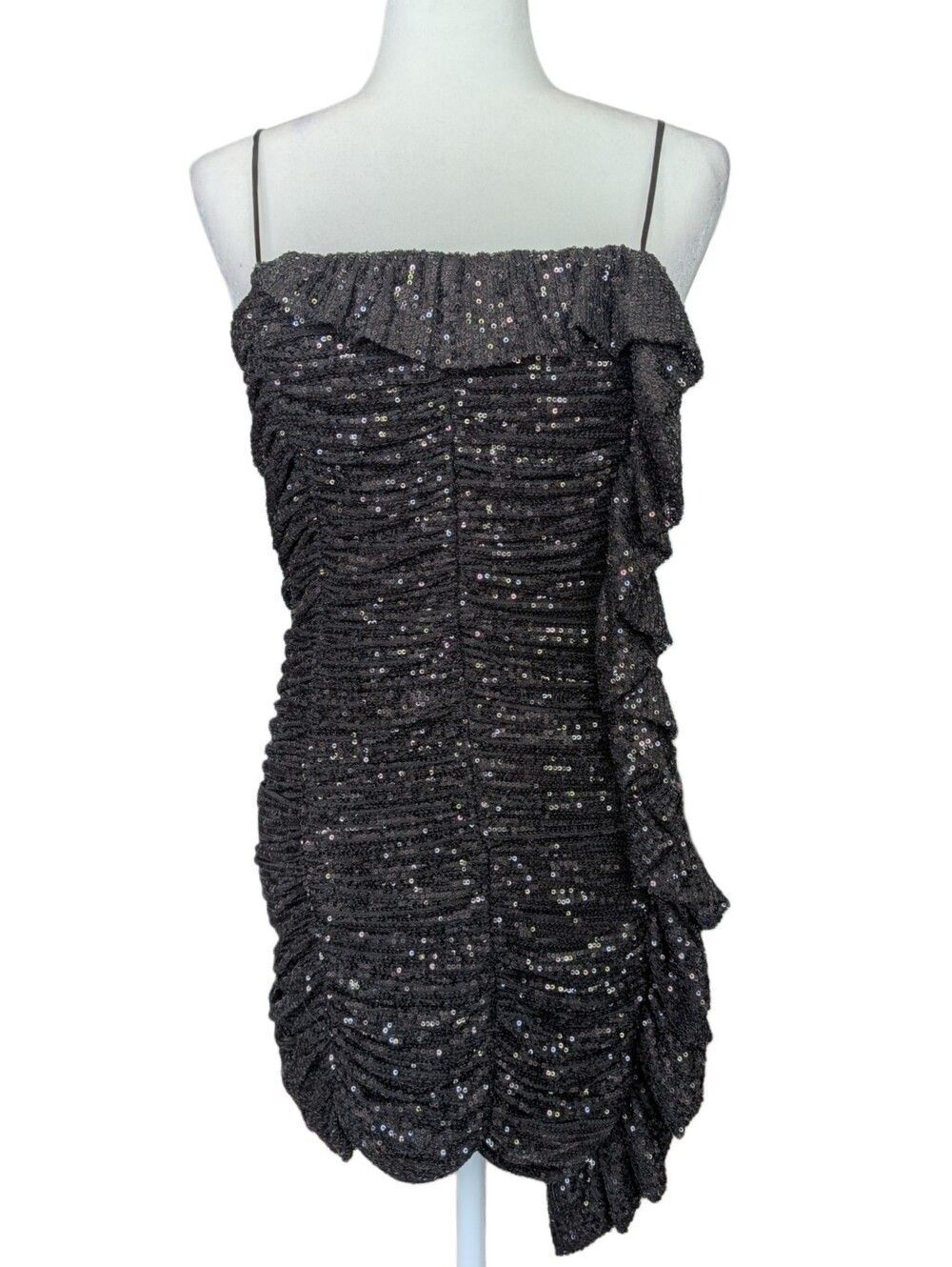 DO+BE Womens Black Sequin Sleeveless Ruffled Cocktail Mini Dress Size Medium